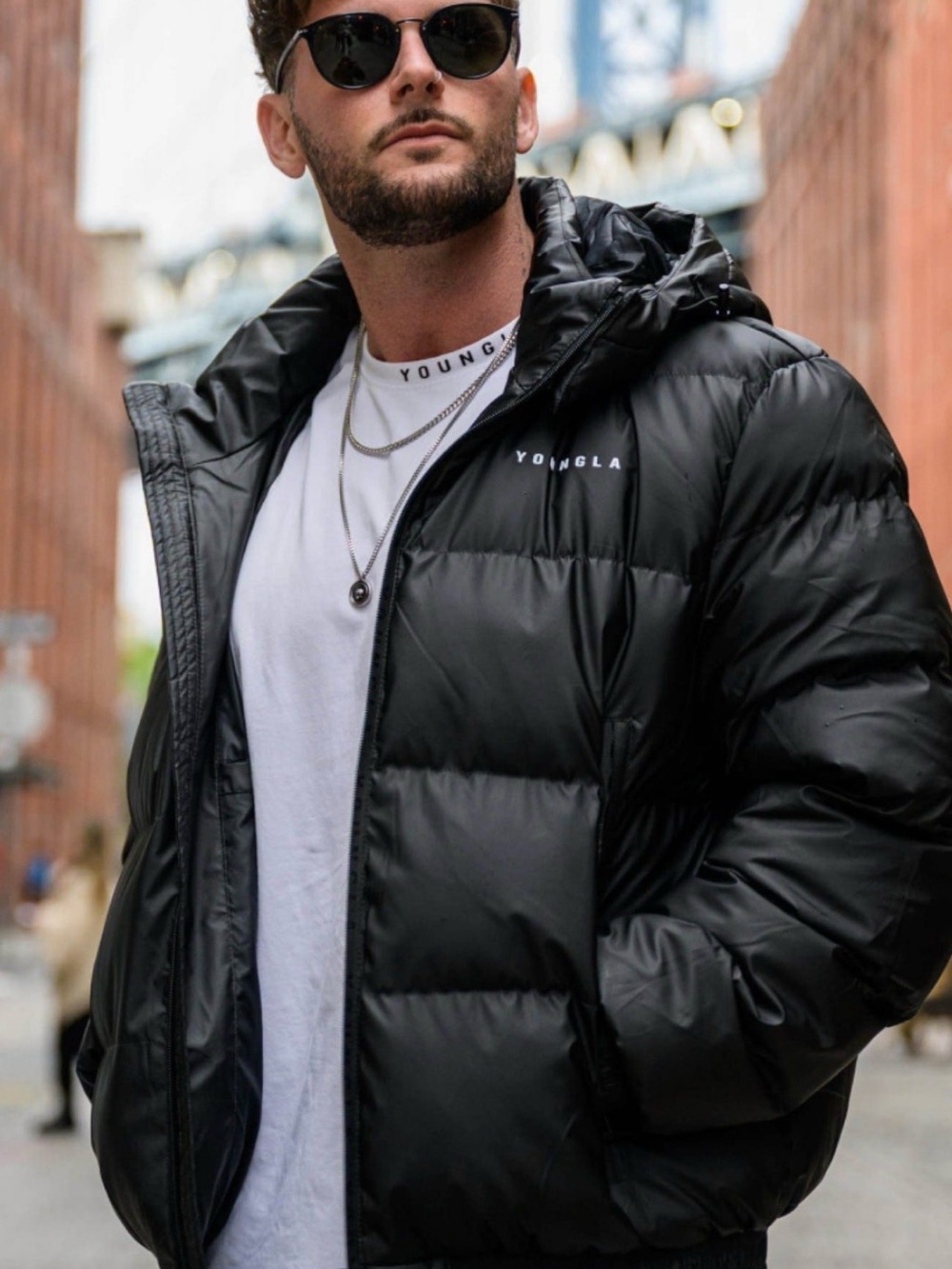 YoungLA Men's Black Quilted Puffer Jacket with Hood
